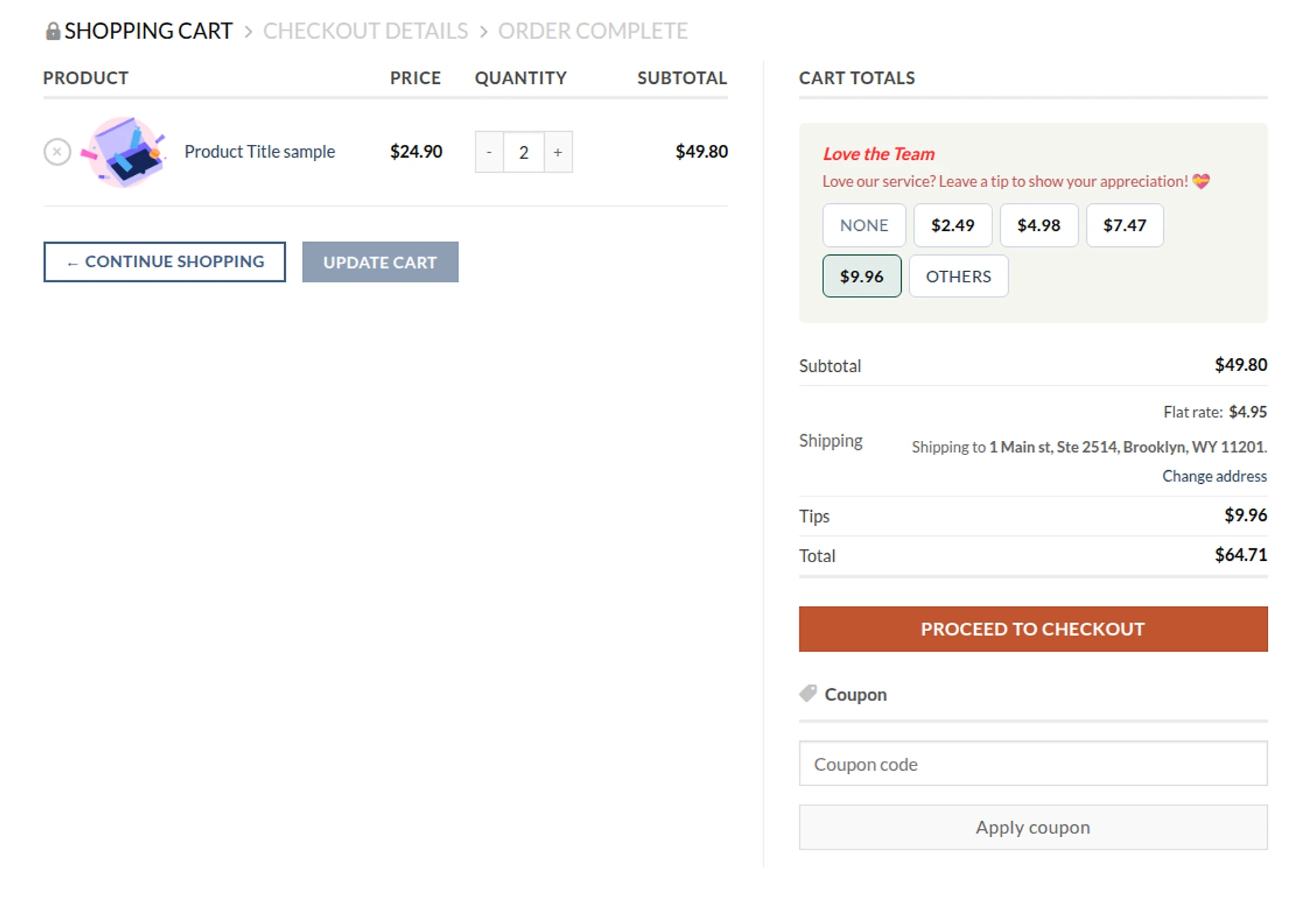 Tip widget on the cart page with fixed amounts