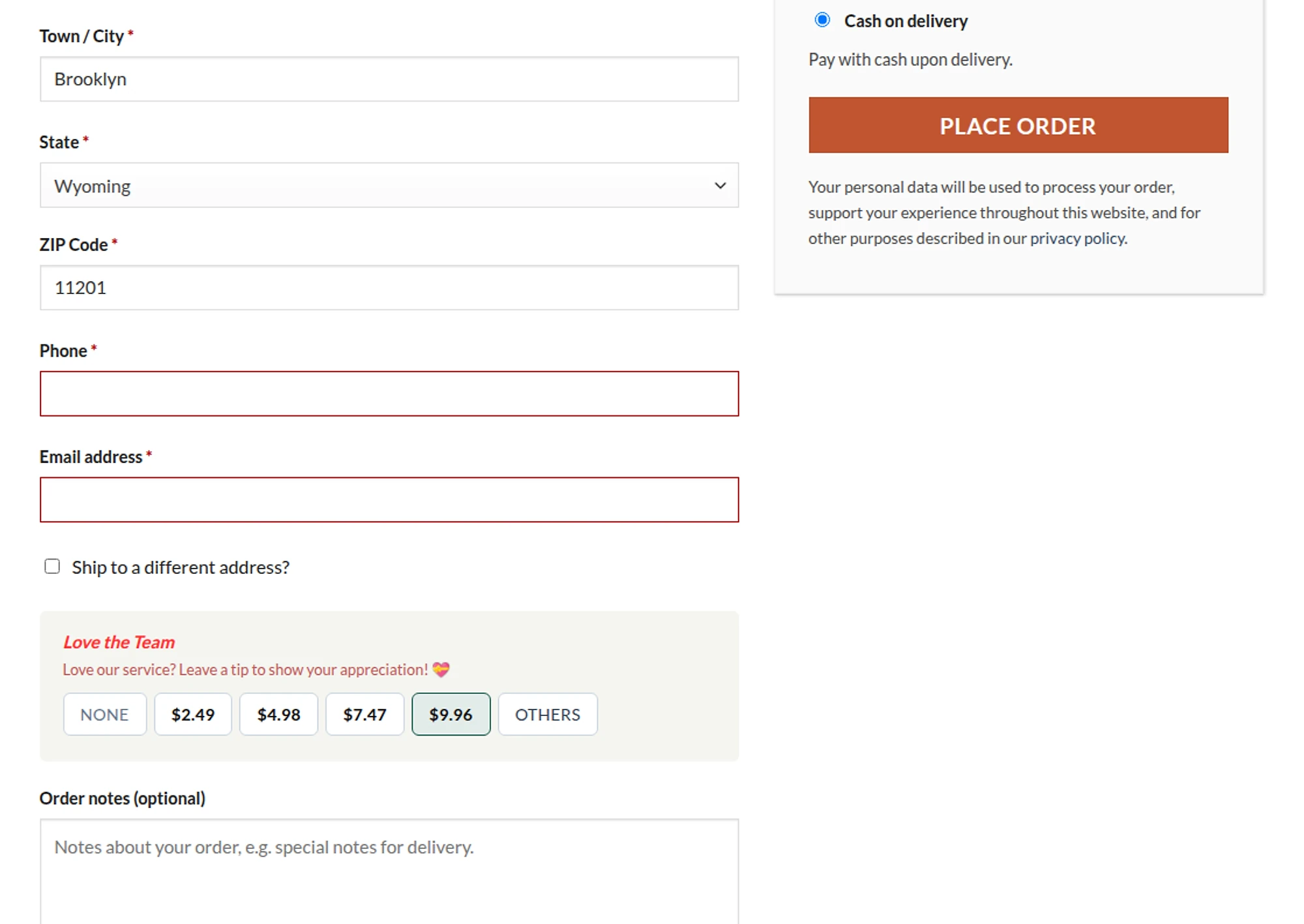 Tip widget on checkout, before order notes