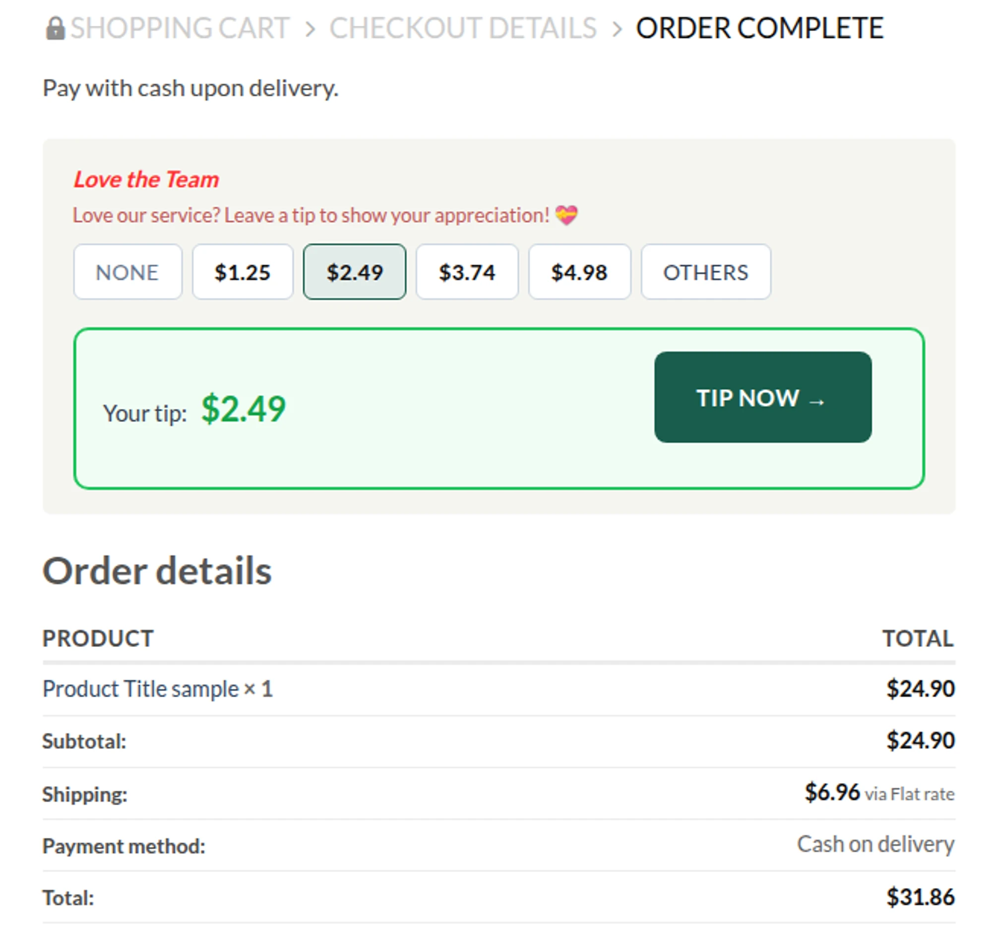 Tip widget on order received page