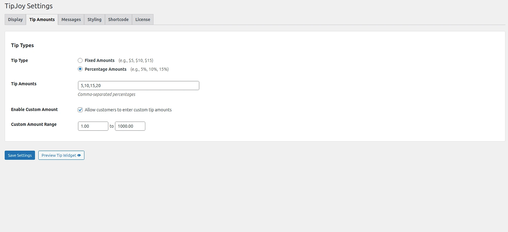 Tip Amounts configuration