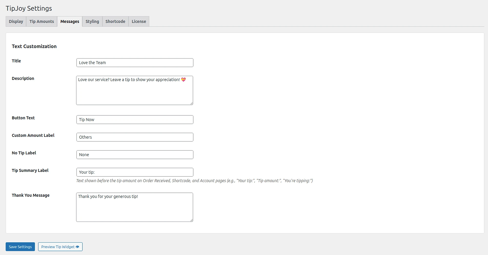 Message configuration
