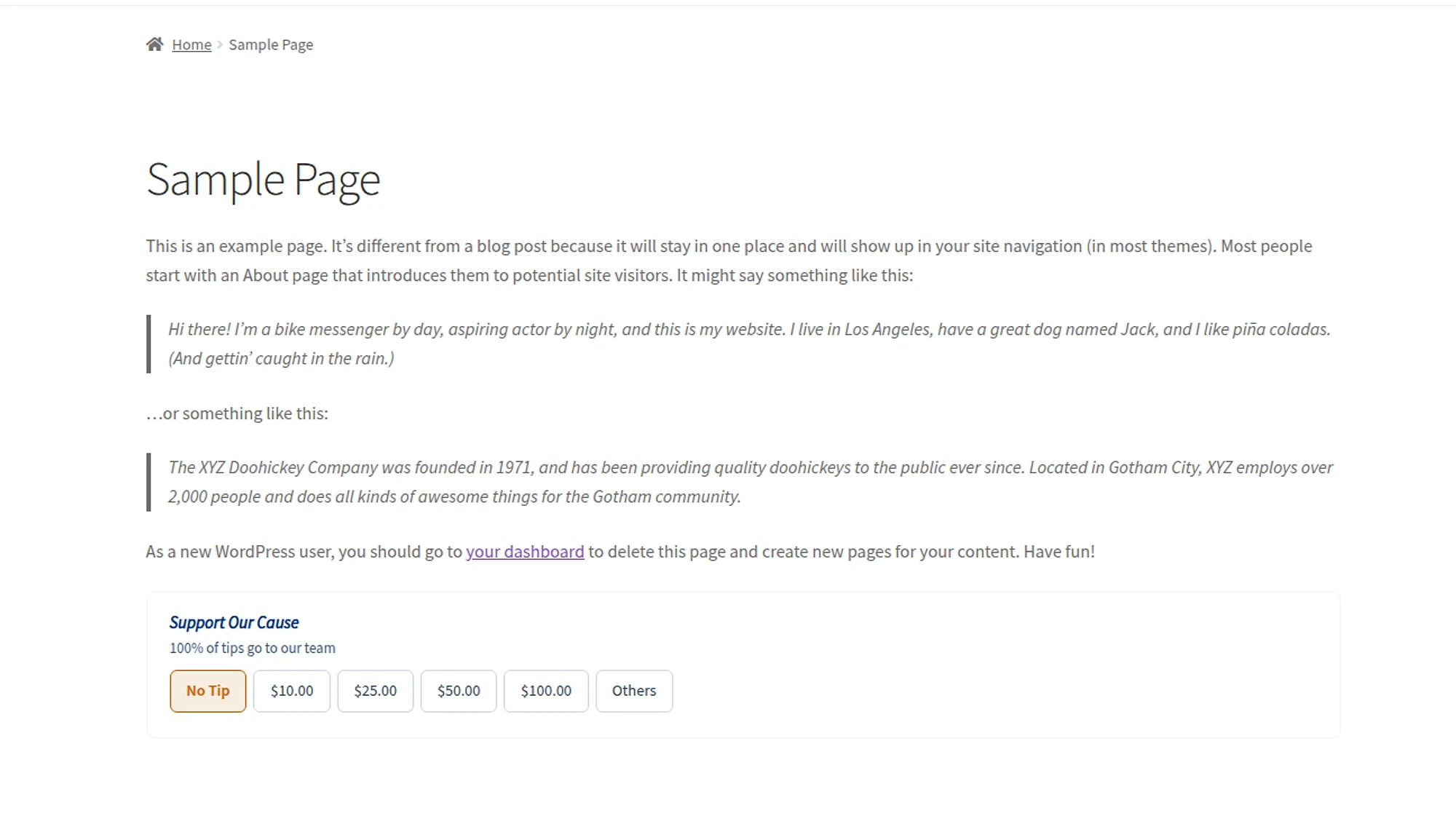 Tip widget on any page via shortcode